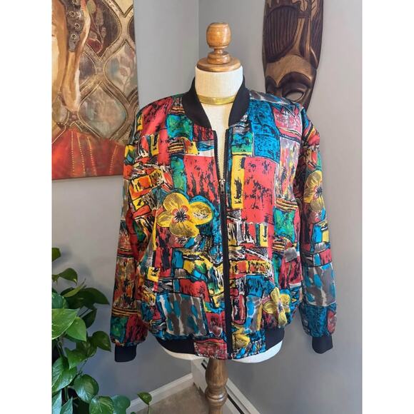 Vintage 1980’s Rainbow and Floral Bomber Jacket - Picture 1 of 9